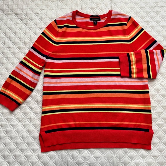Lands' End Sweaters - Lands' End 100% Supima Cotton Striped Crewneck 3/4 Sleeve Sweater Red Size MP